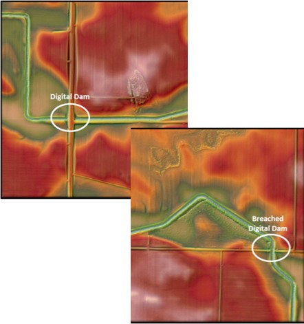area without and with breachline through a digital dam