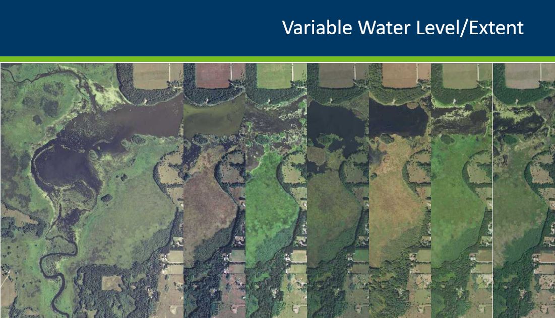 Changes in lake levels shown on 7 years of historical air photos for a reservoir near Stacy, Minnesota